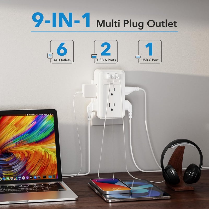BN-LINK Multi Plug Outlet 2 Pack, 6 Wall Outlet Extender with 3 USB Charging Ports (1 USB C) Total 3.4A, 3-Sided Outlets Splitter Multiple Outlet Wall Plug for Home Office Dorm Room - Image 2